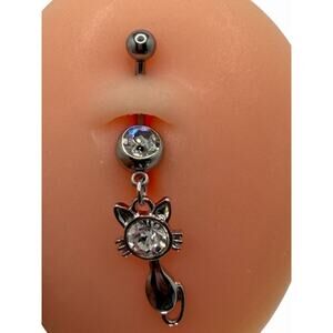 Stainless Steel Crystal Cat Barbell Belly Button Ring Clear Round CZ 14g